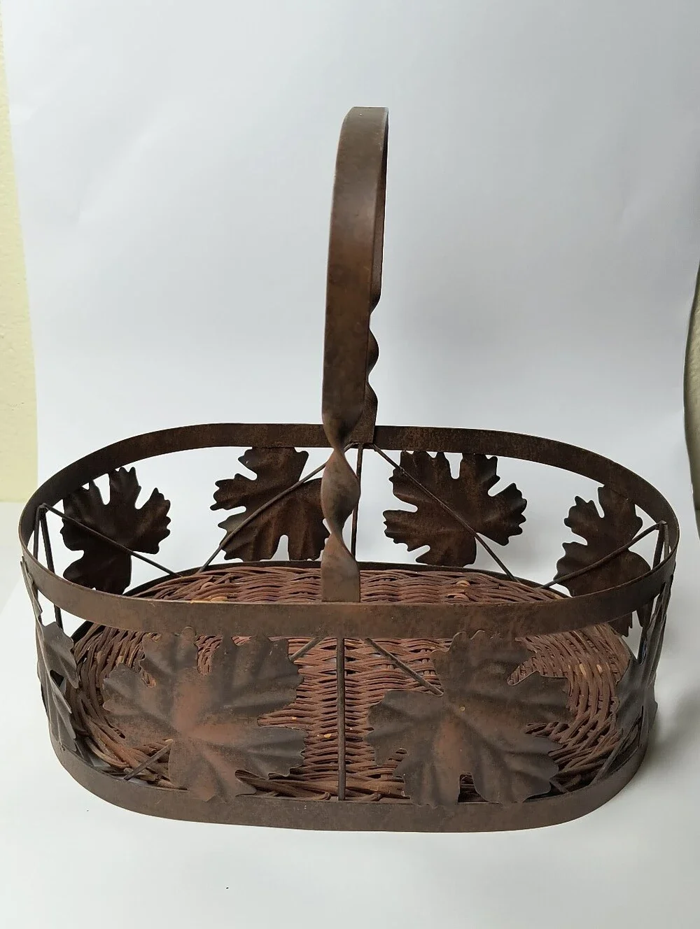 Rustic Brown Leaf Metal Basket with Handle - Farmhouse Centerpiece